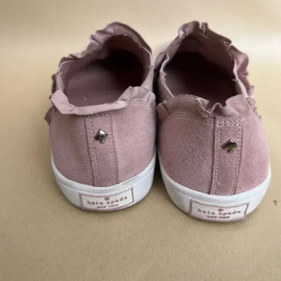 Kate Spade Lillie Pink Suede Ruffle Slip-On Sneakers Leather Upper Size 8.5 - Picture 5 of 14